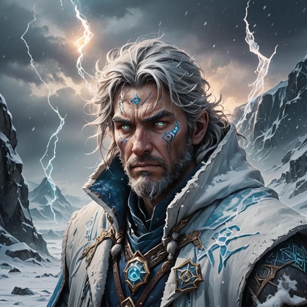 Desolated Mage in Frozen Tundra with Magic Aura