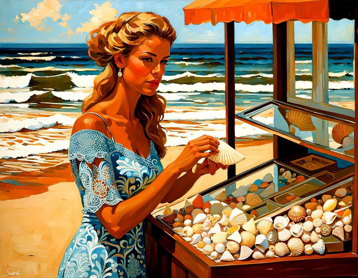 Seashell Seller: Oil Painting by the Seashore