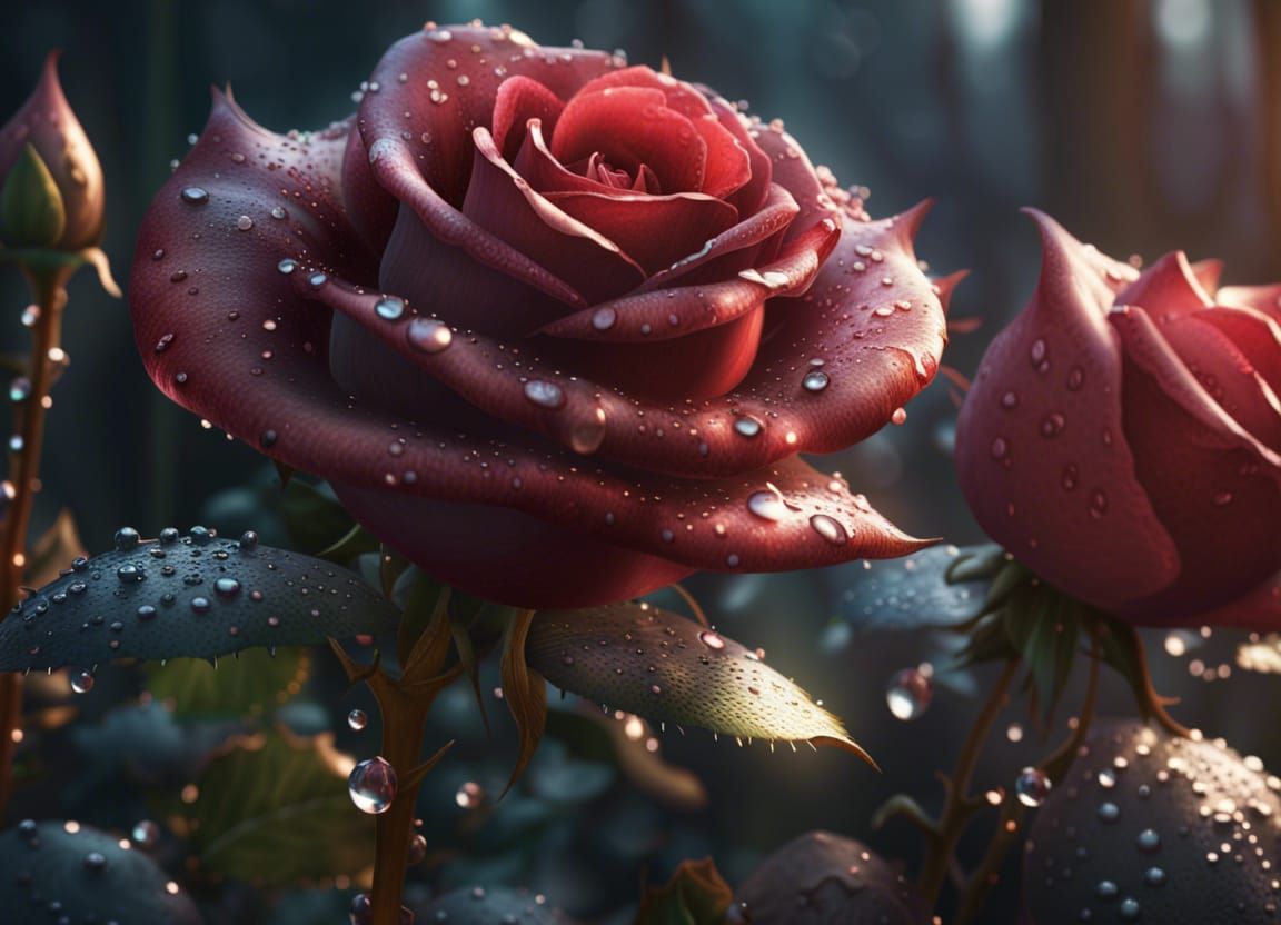 Rose Dewdrops in Morning Sunshine: Detailed Matte Painting