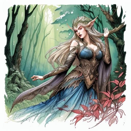 Elven Woman Singing in Forest: Ink and Watercolor Art