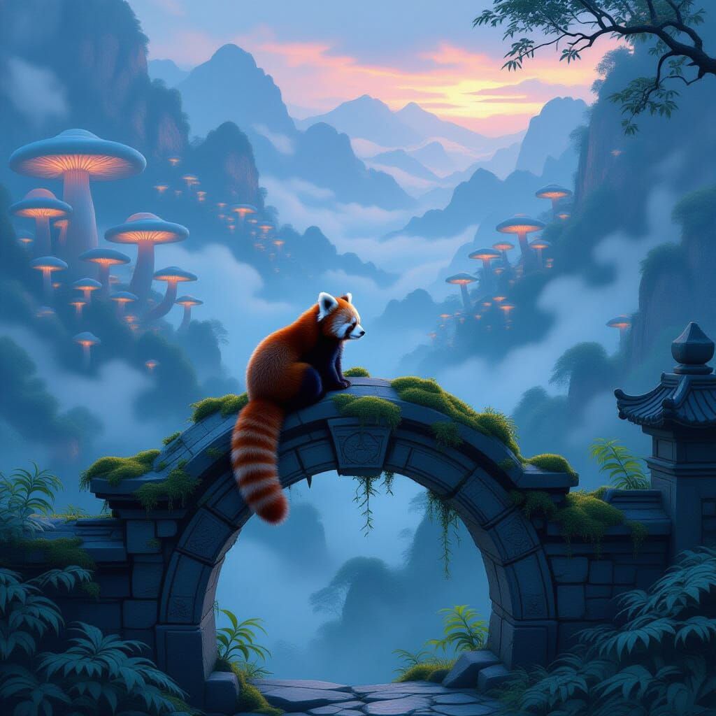 Red Panda on Ancient Archway Overlooking Bioluminescent Vall...