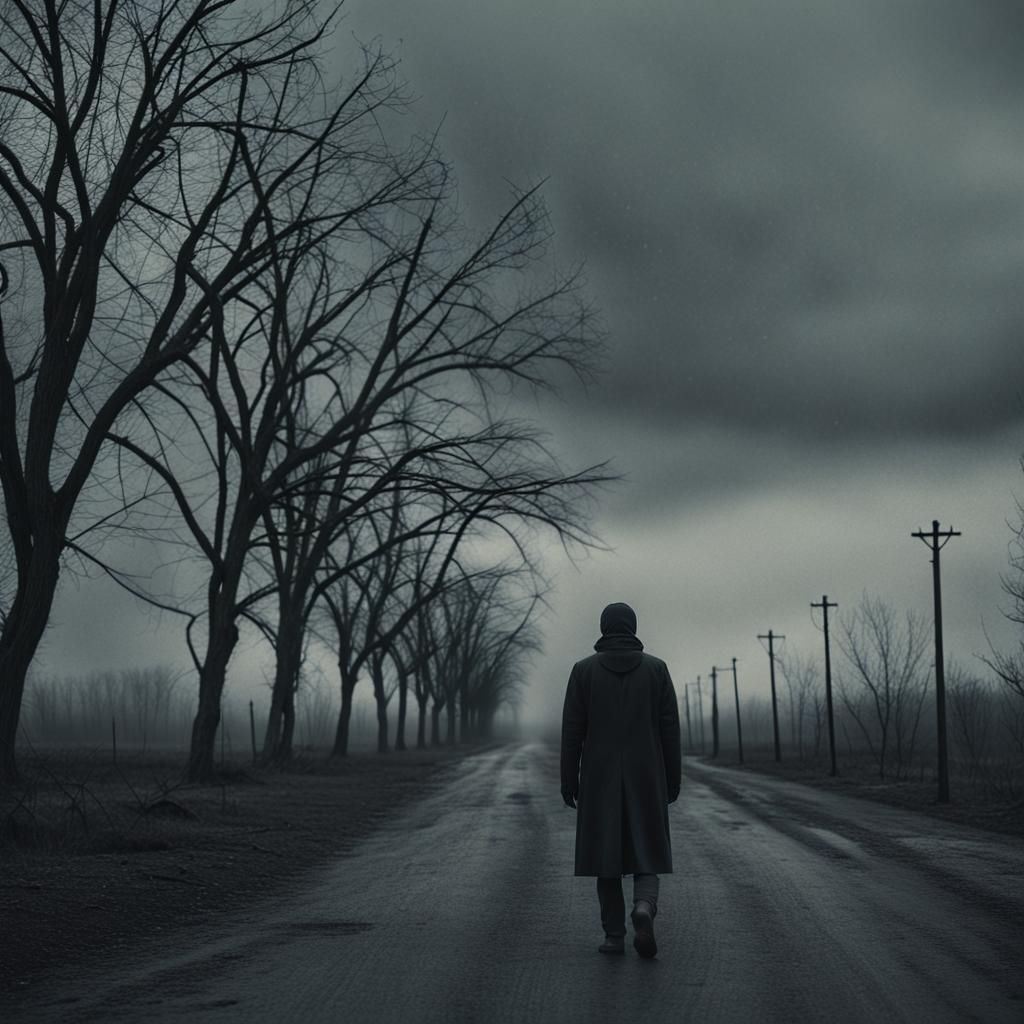 Desolate Figure Walks Alone in Empty City