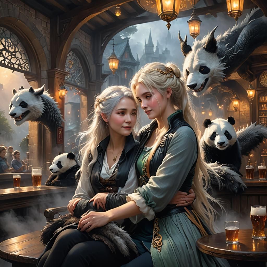 Women in Pub with Dragon Tail and Panda