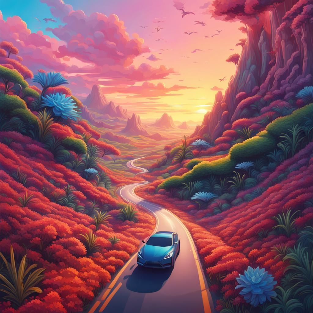 Futuristic Landscape with Vivid Flora at Sunrise