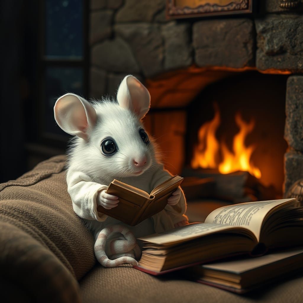 Mouse Reading Book by Fireplace in Whimsical Style