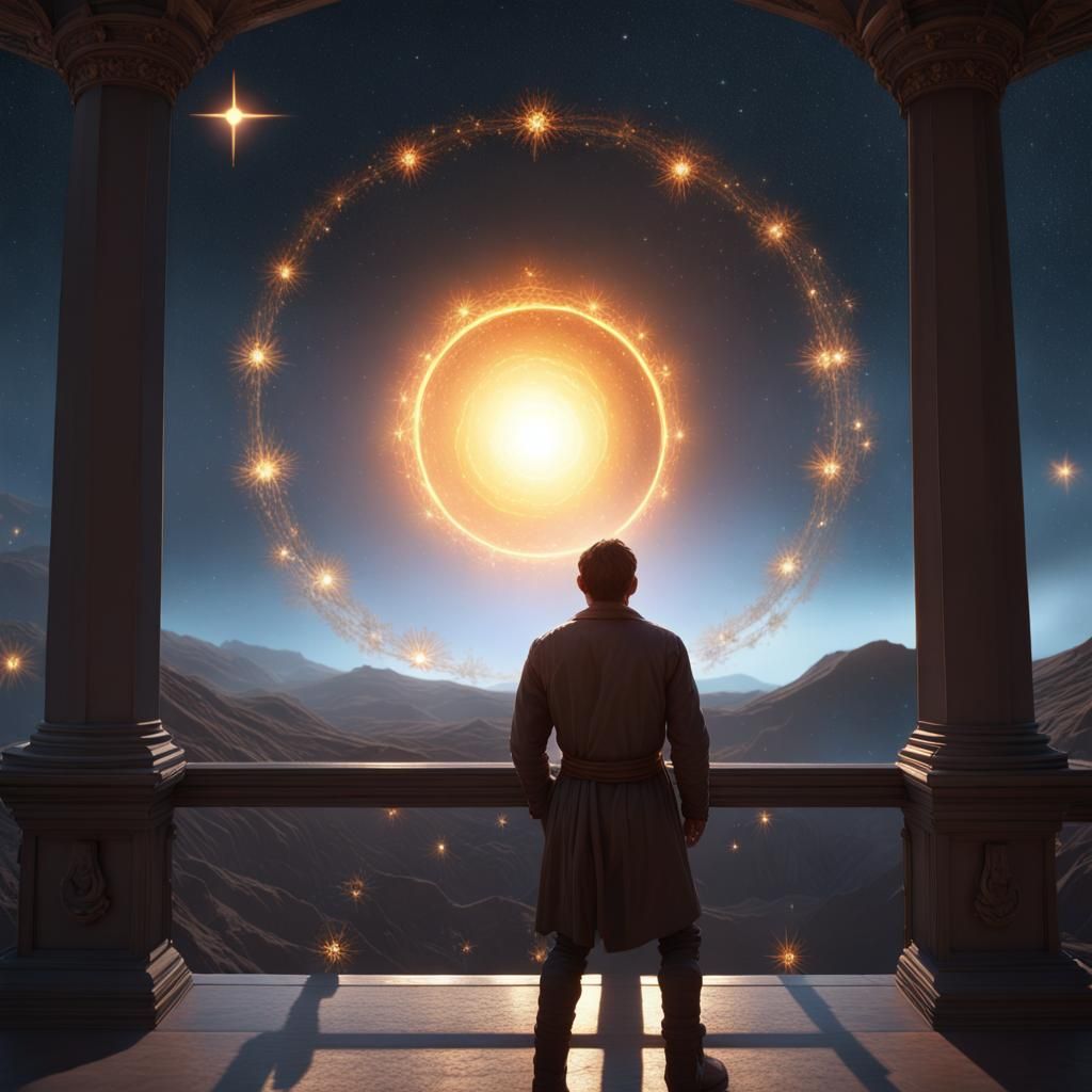 Man Watches Newborn Star in Dark Fantasy Style