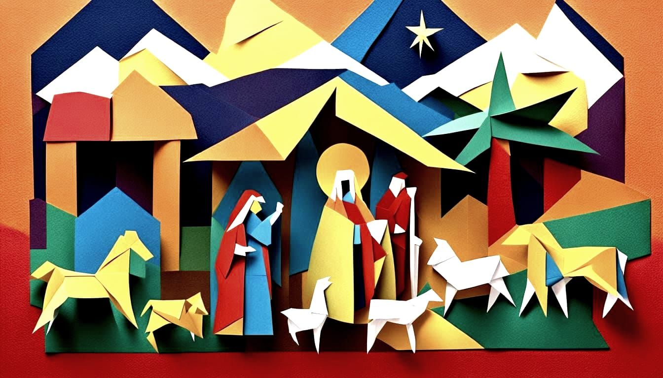 Nativity Scene in Origami Style with Vibrant Coloured Paper