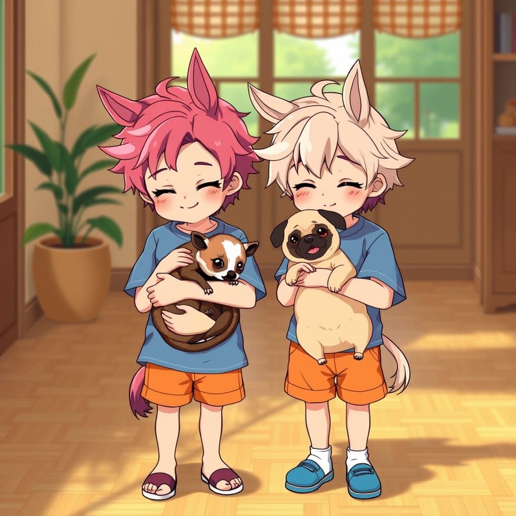 Two Boys with Horse Ears Pose in Morning Setting with Pets