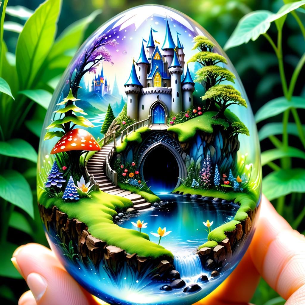Magical Fairyland in Resin Egg, Watercolor Painting