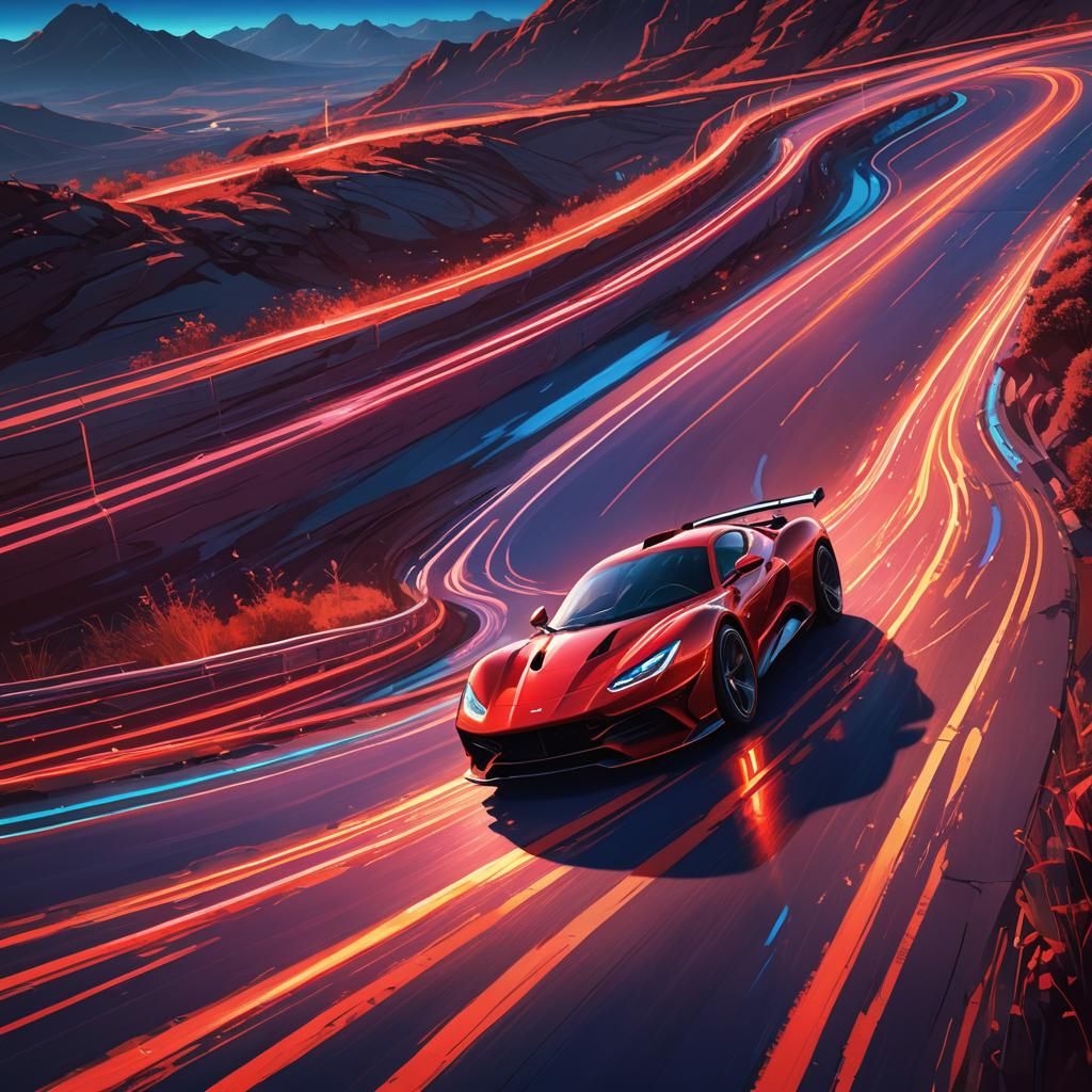 Racing Car on Magical Track in Digital Art Style