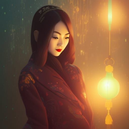 Chinese Girl at Lantern Festival in Pop Art Deco