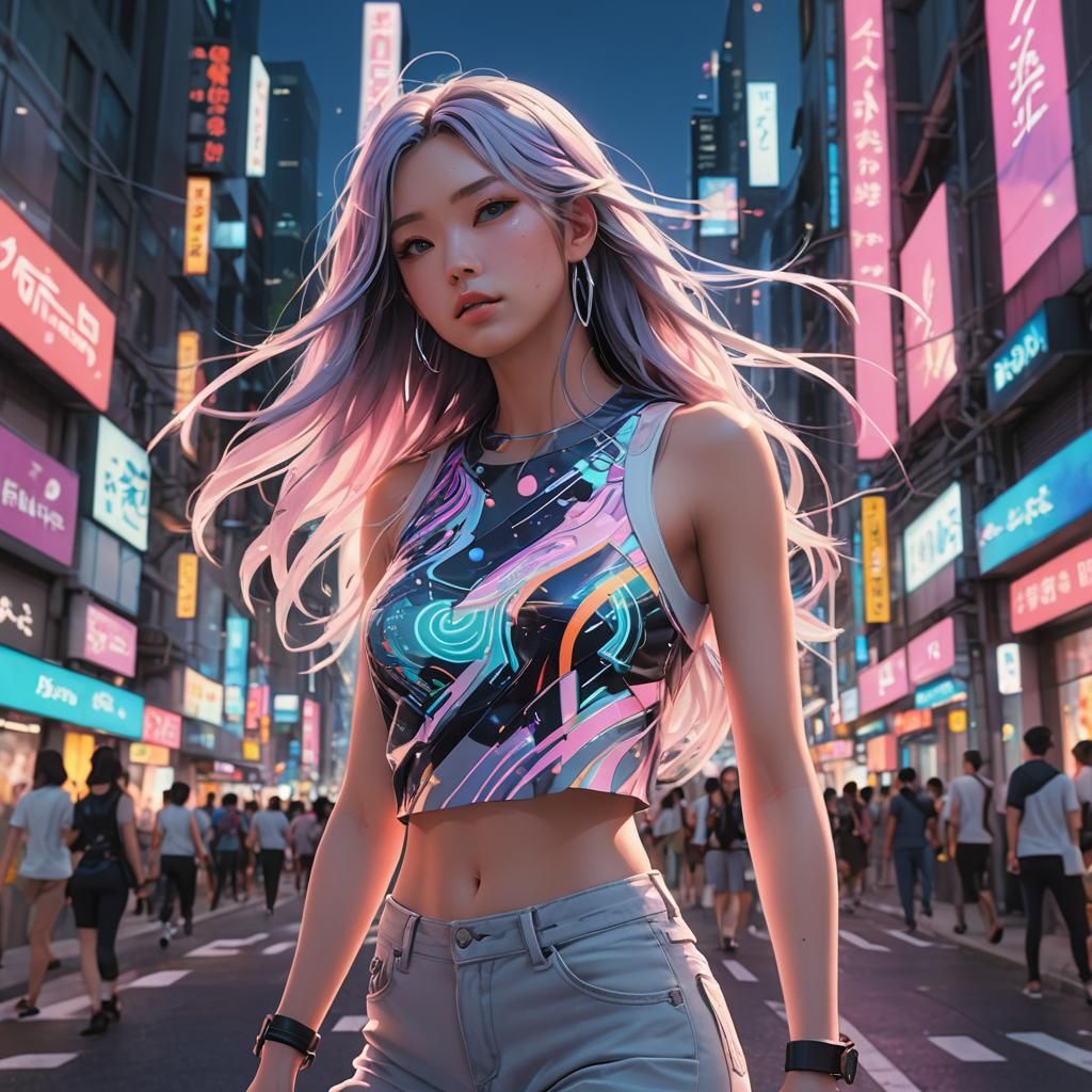 Anime Girl in Cityscape with Designer Crop Top