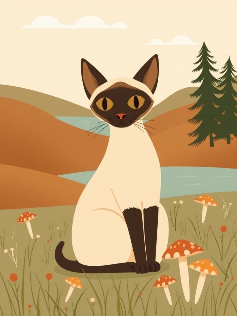 Stylized Siamese Cat in Earthy-Toned Meadow