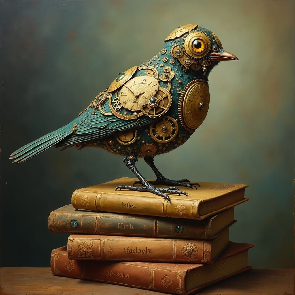 Whimsical Clockwork Bird Oil Painting on Antique Books