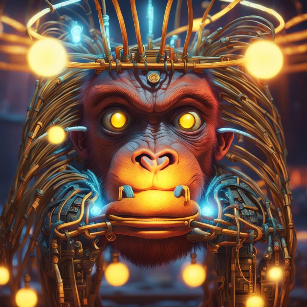 Monkey Plays Magical Computer in Fantasy Art Style