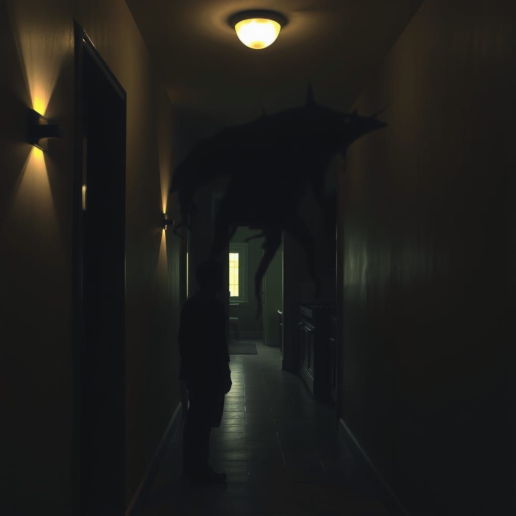Eerie Hallway: Shadowy Figure in Dark Surrealism