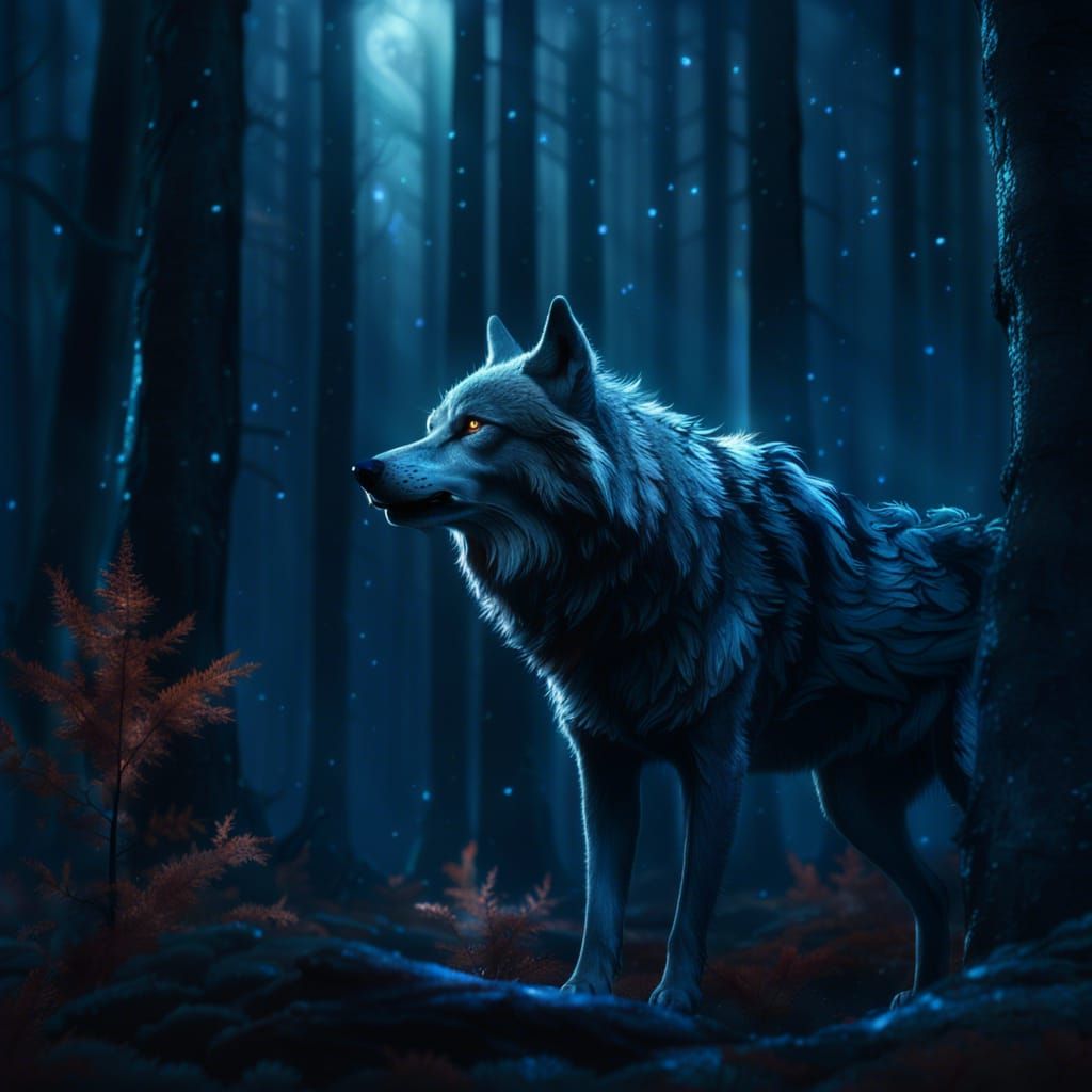 Star-Furred Wolf Howling in Dark Forest