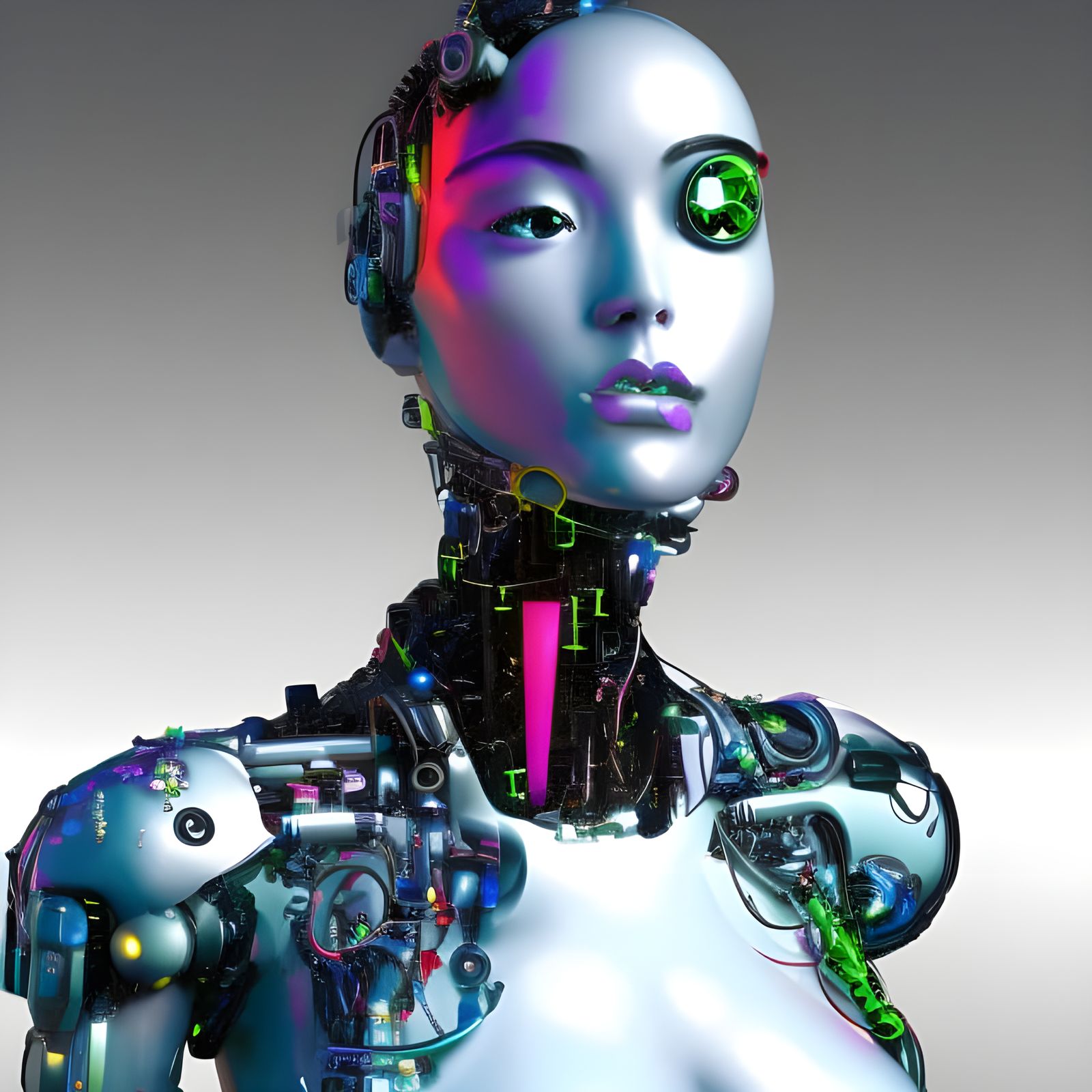 Cyberpunk Cyborg Beauty in Neon Cityscape