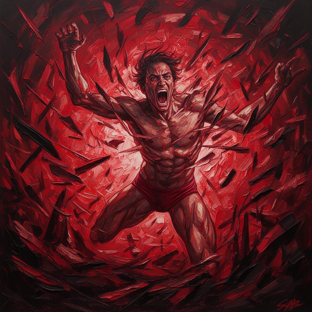 Wrathful Figure Exploding in Crimson Chaos