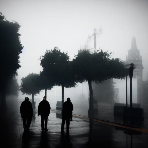 Shadowy Figures in Foggy, Rainy Cityscape