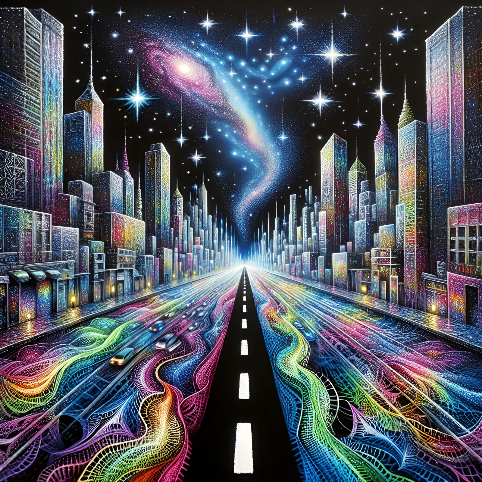 Vanishing point perspective, big city main street,  Starry night sky, Prismatic neon painted on black velvet,  Flemish l...