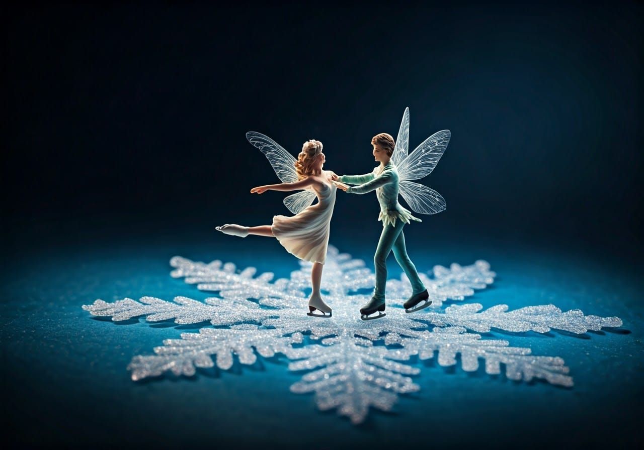 Fairy Couple Ice-skate on Crystal Snowflake in Photorealisti...