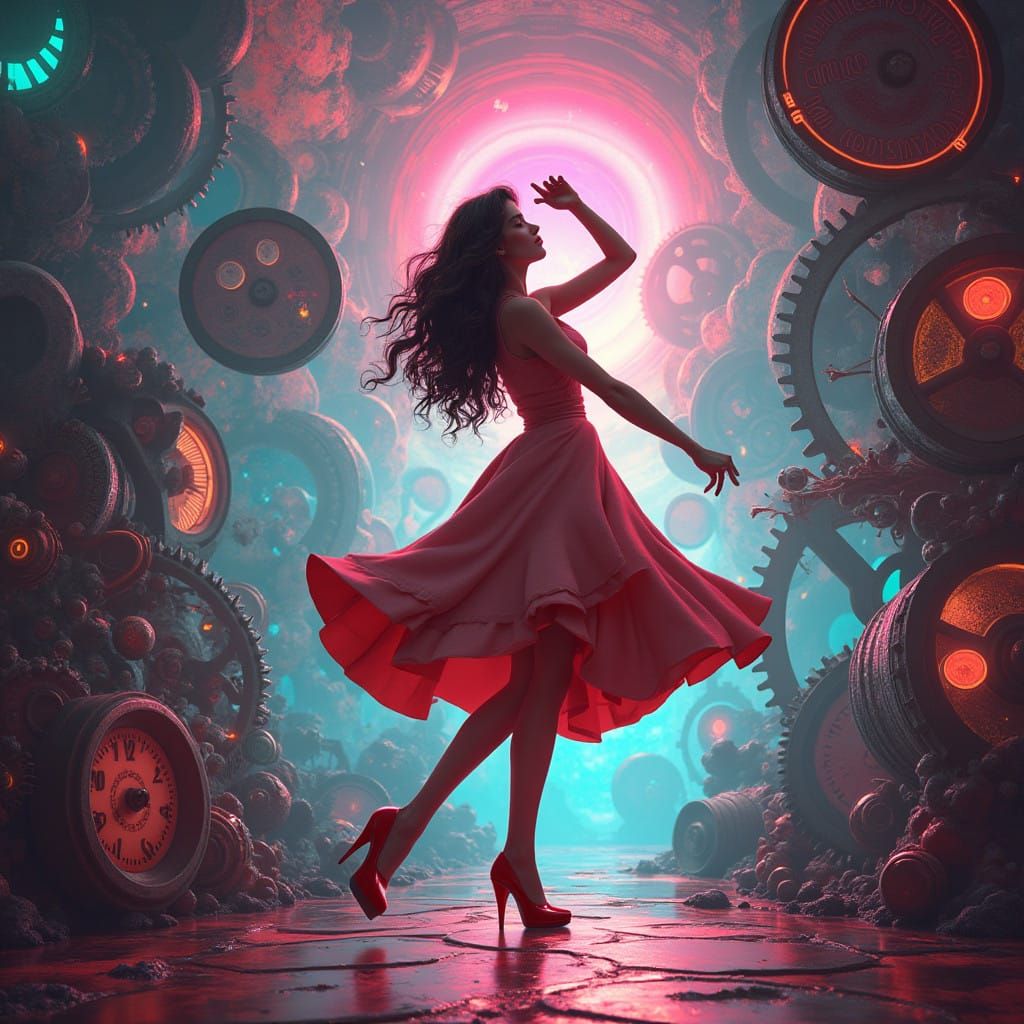 Glamorous Woman Dancing Amidst Neon Clockwork