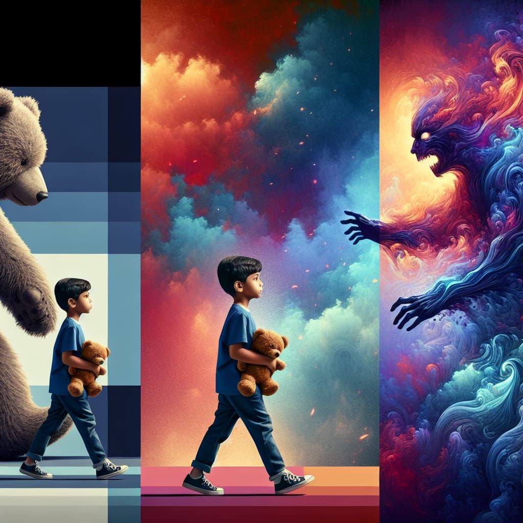 Boy and Teddy Bear Pursued by Spectres