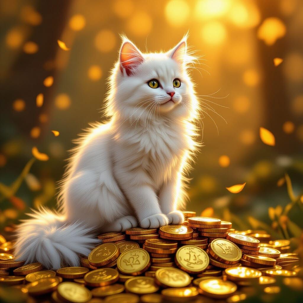 Cute White Kitten on Gold Coins in Golden Hour Light