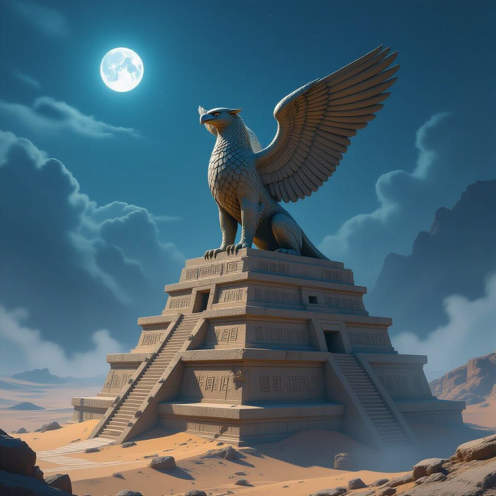 Colossal Stone Griffin on Ziggurat Under Twin Moons