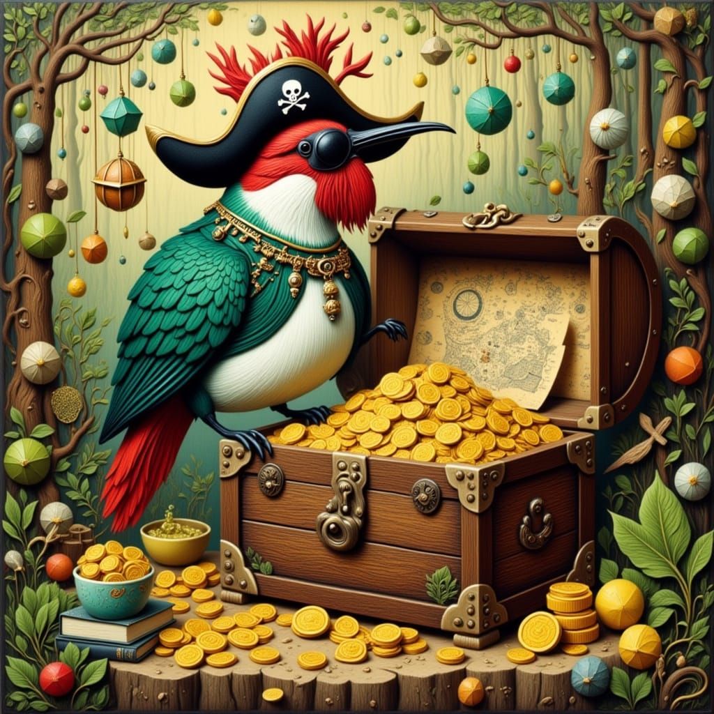 Hummingbird Pirate Guarding Treasure: Woodcut Style