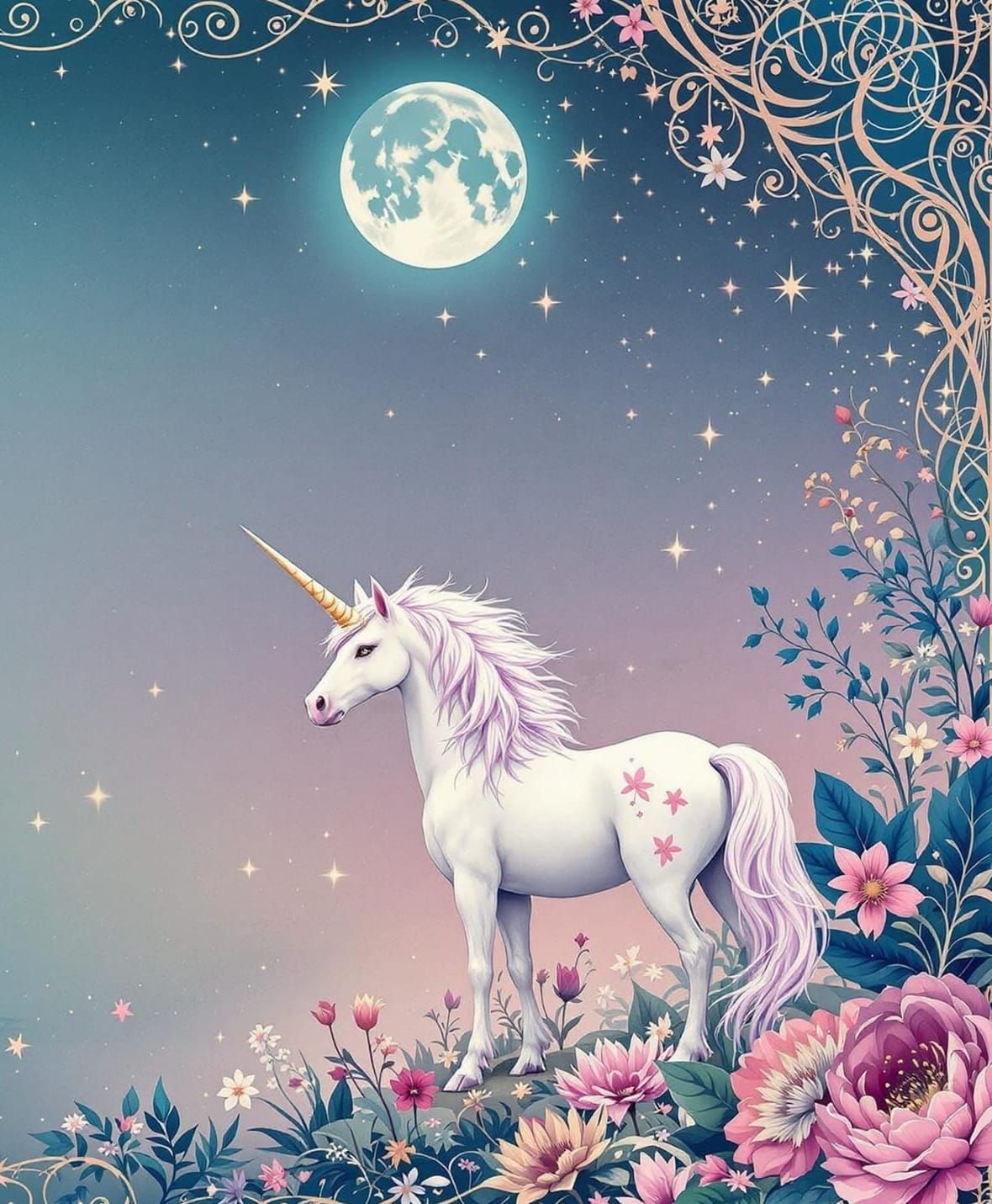Glamorous Vintage Unicorn Under the Blue Moon