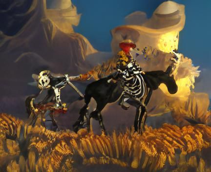 Skeleton Cowboy Rides Horse in the Wild West