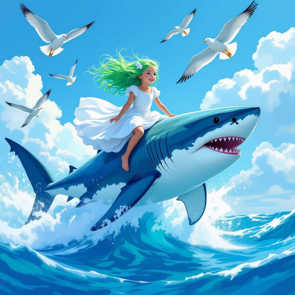 Girl Riding Shark in Dreamlike Ocean Scene