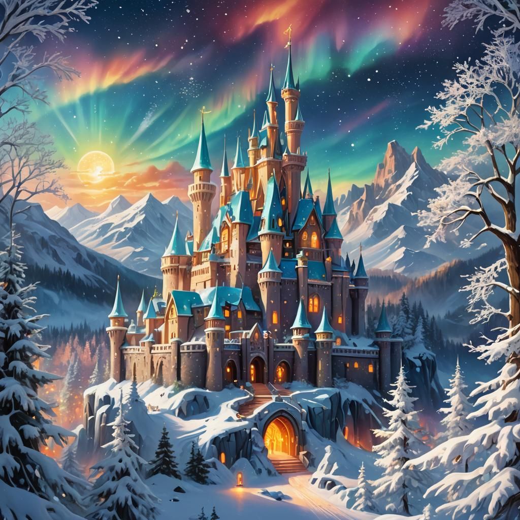 Majestic Snow Castle Under Aurora Borealis