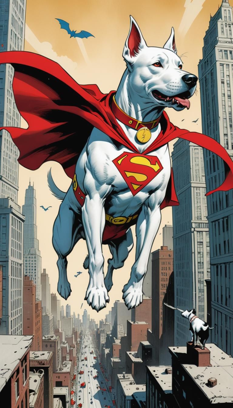 Krypto the Superdog Flying Through Metropolis as Comic Art