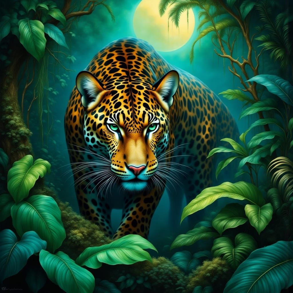 Sleek Jungle Cat Roams Ethereal Moonlit Landscape