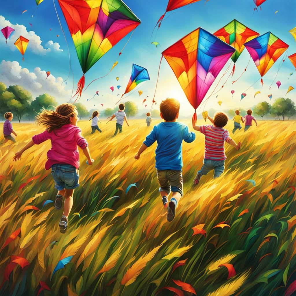 Children Chasing Colorful Kites in the Open Field!