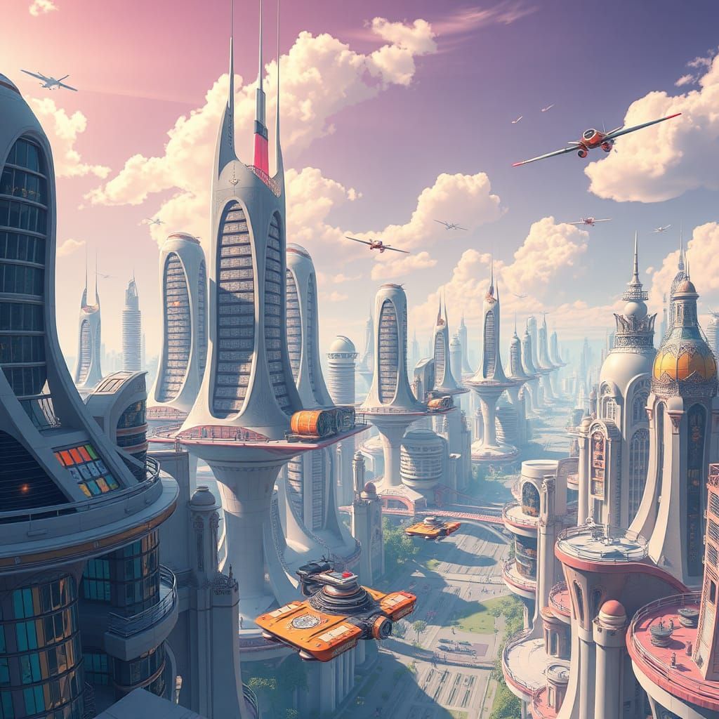 Futuristic Cityscape with Flying Vehicles