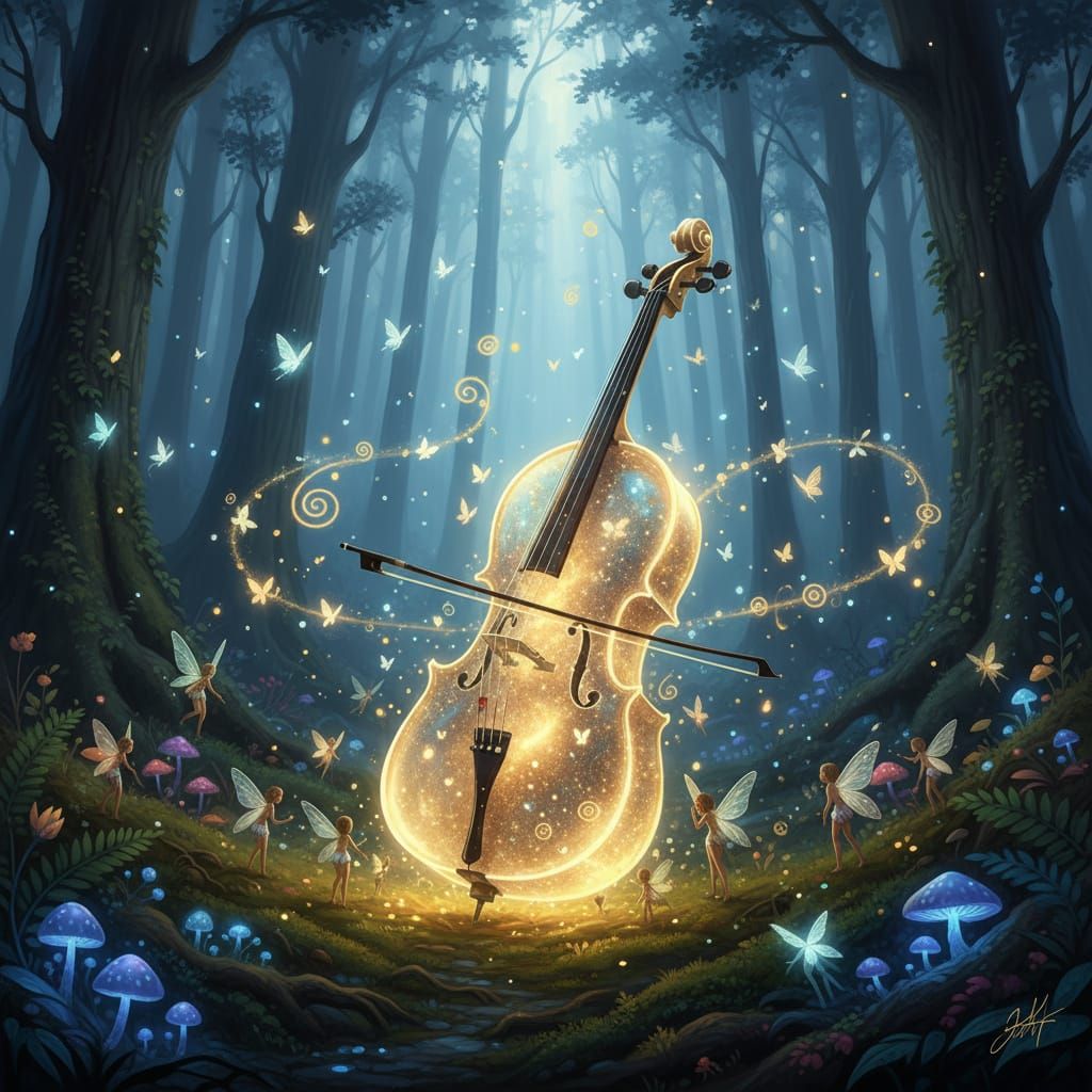 Glowing Glass Cello in Enchanted Twilight Forest