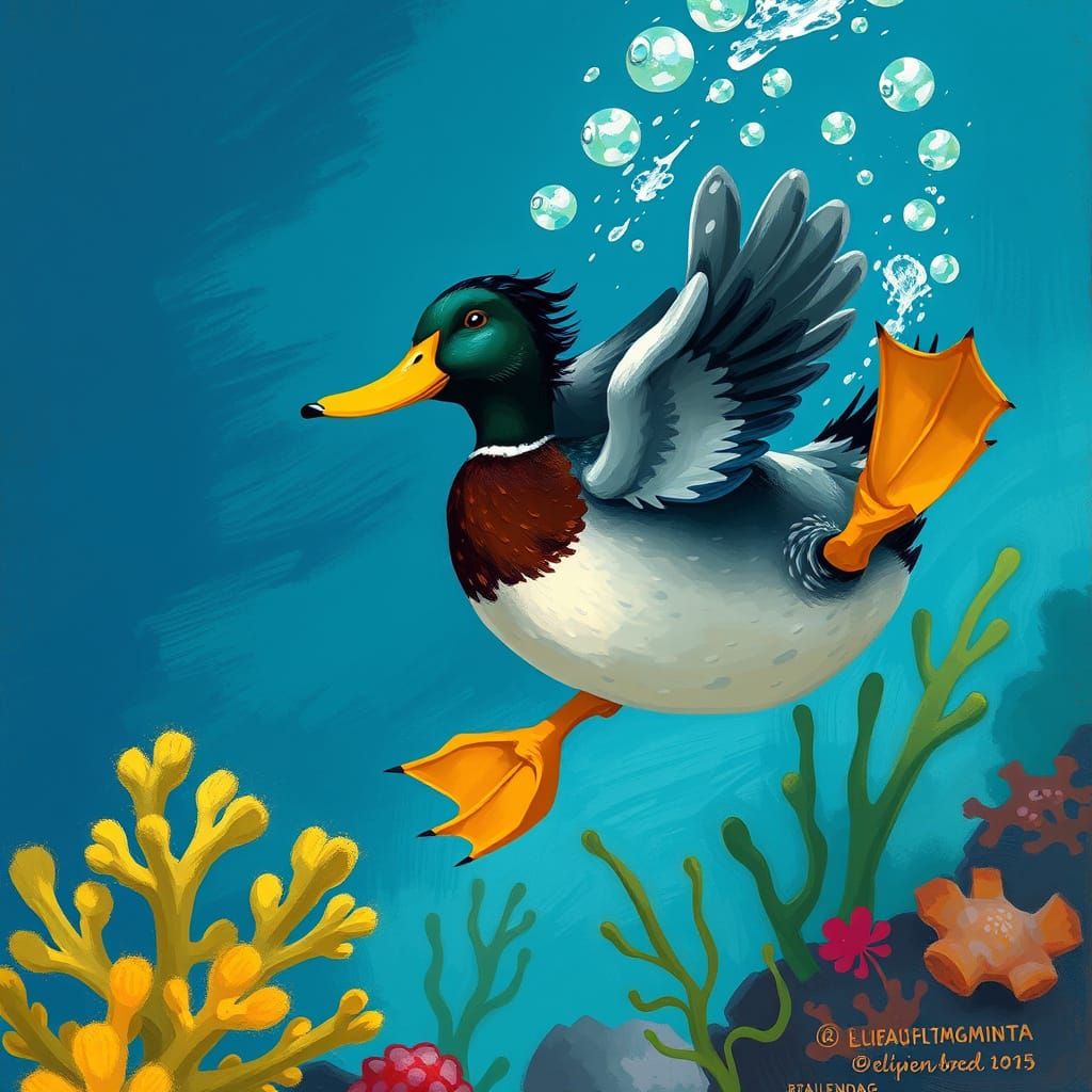 Duck Diving Underwater: Whimsical Digital Illustration