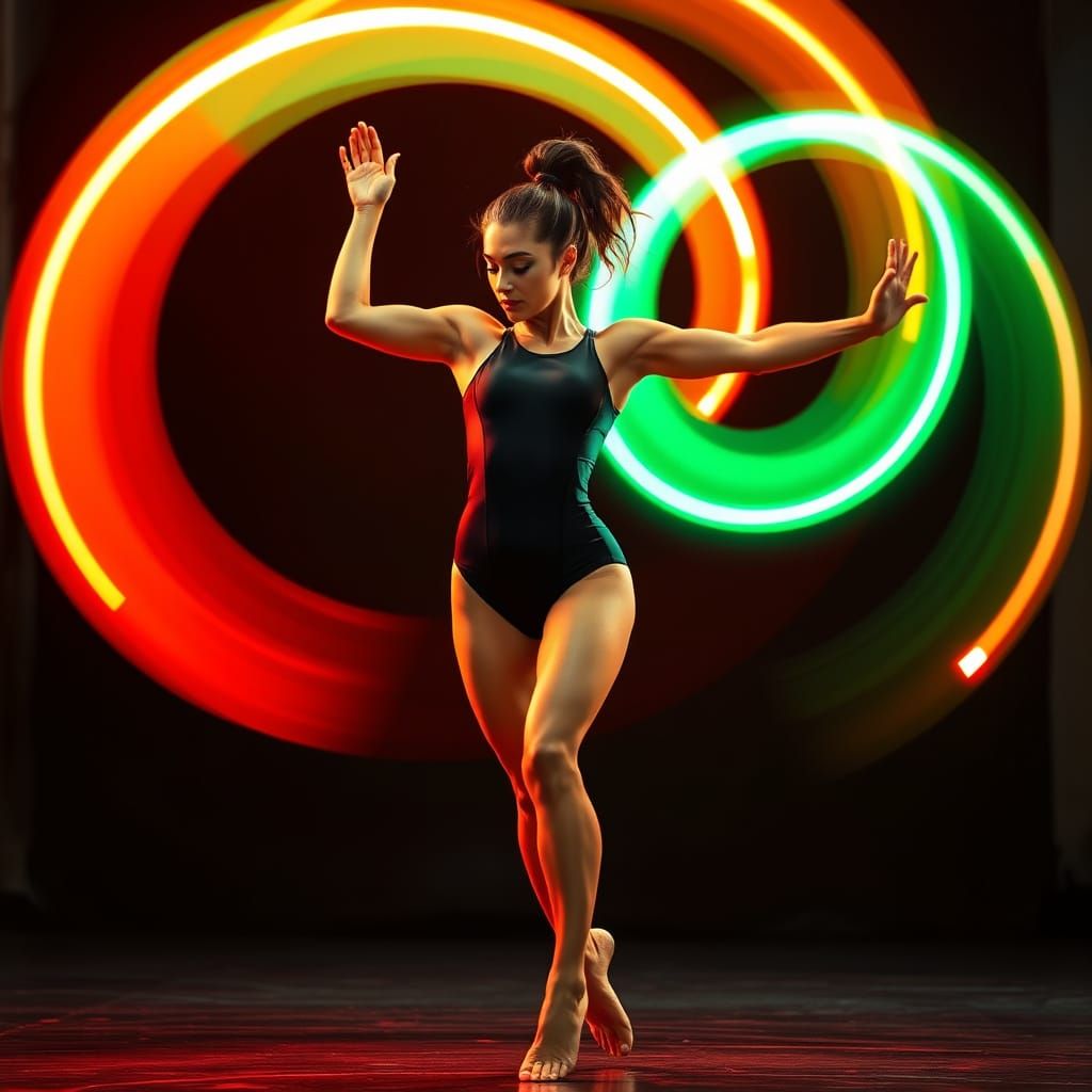 Gymnast Spinning Neon Rings in Futuristic Style