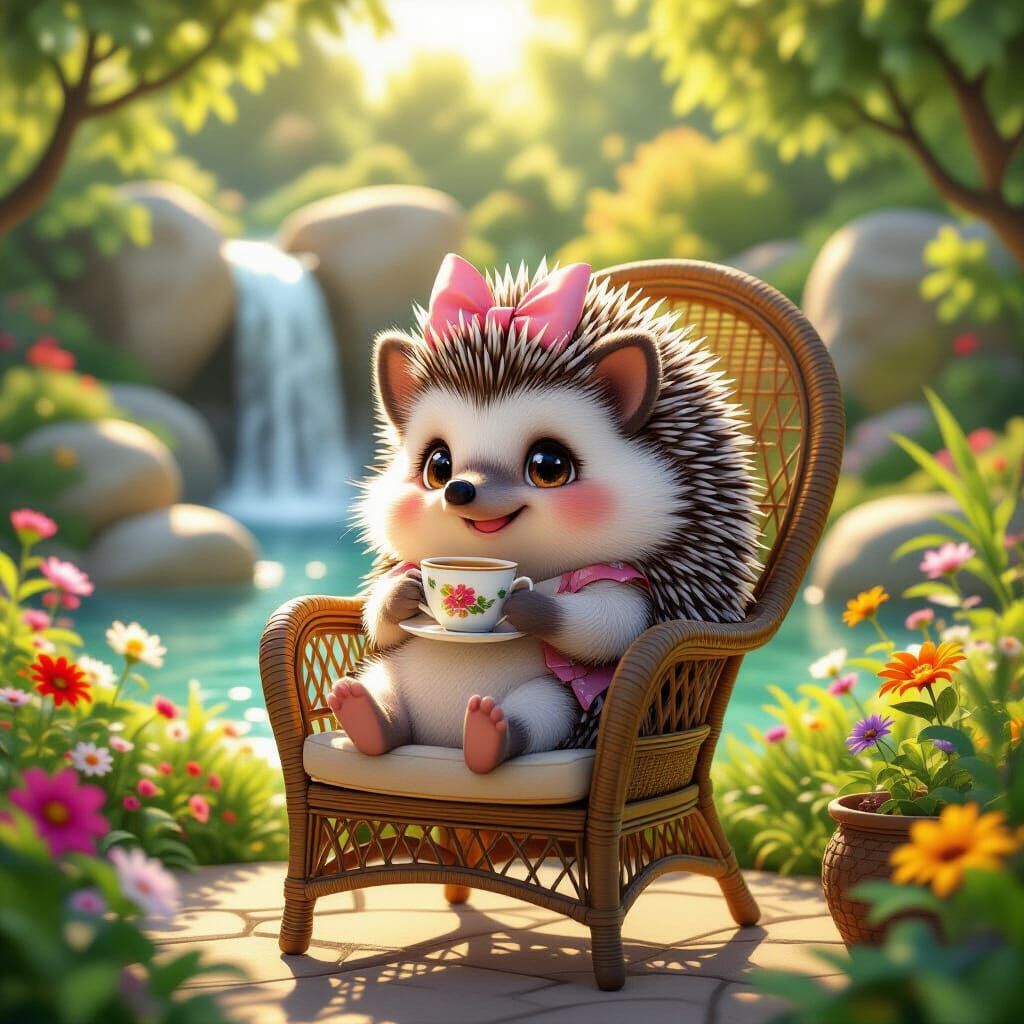 Hedgehog Girl Enjoys Tea in Sunny Garden with Butterfly