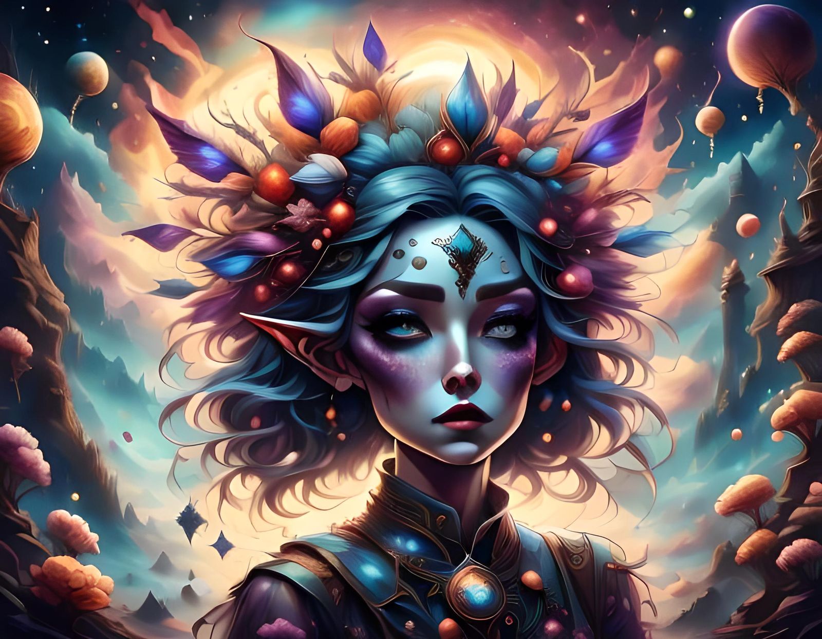 Epic Dark Fantasy Elf Sorceress Watercolor Portrait