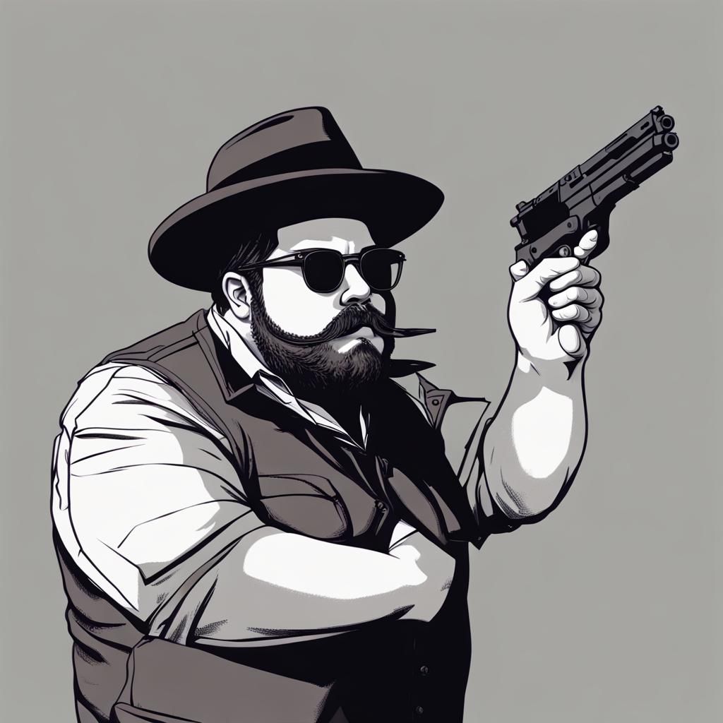 Chubby Man with Fedora and Gun to Head