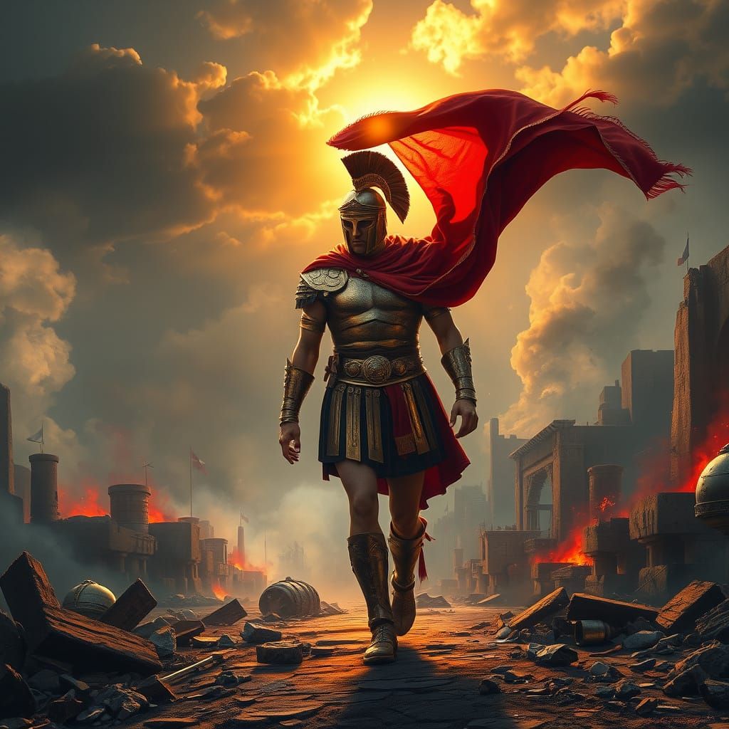 Roman General in Burning City Ruins