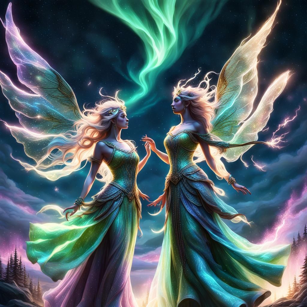 Romantic Couple Under Aurora, Dark Fantasy Art