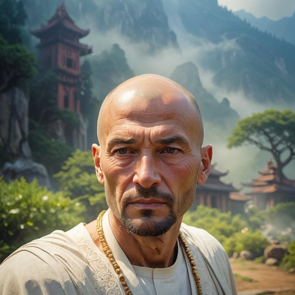 Serene Monk in Mountain Temple, Digital Art