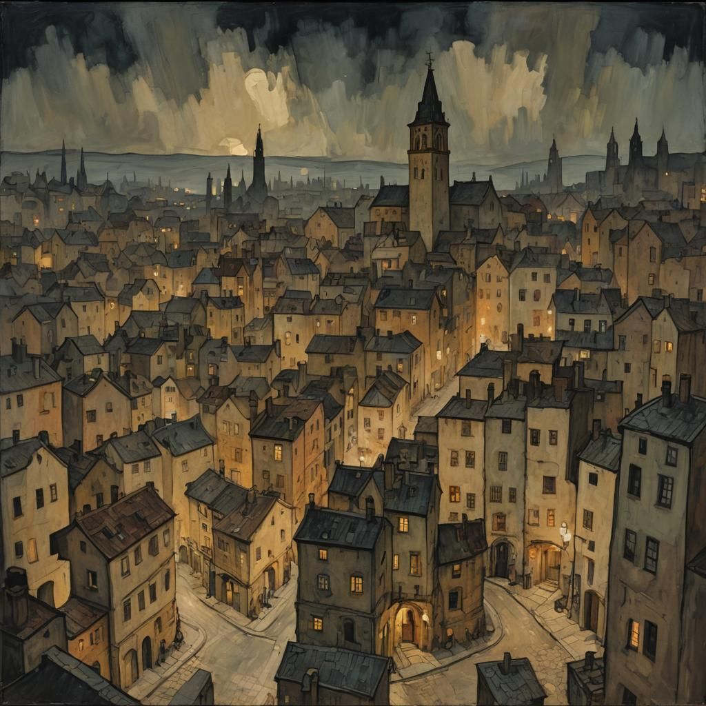 Expressionist Ankh-Morpork Cityscape in Schiele Style