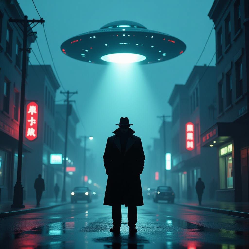 Noir Sci-Fi Figure Silhouetted Against Neon Street